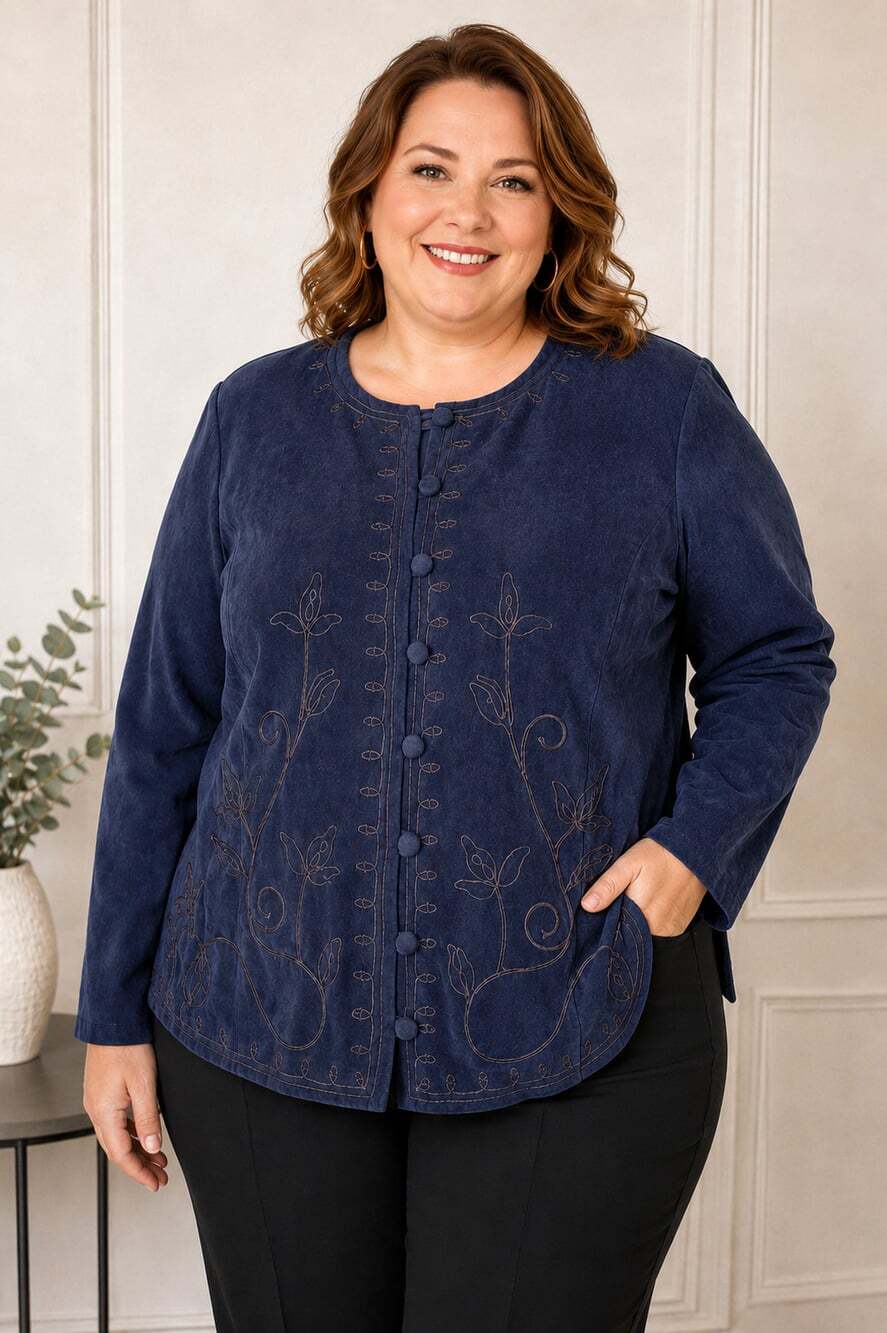 KSL Karin Stevens Womens Navy Jacket 16W Embroidered Button Front Career Blazer